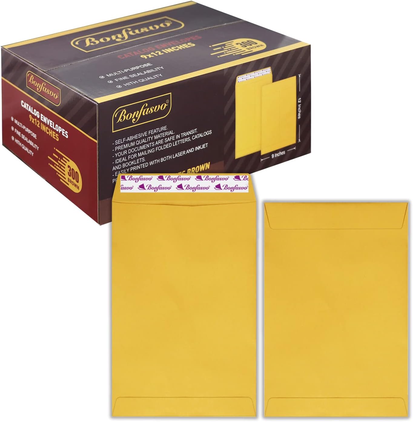 300 Pack 9x12 Brown Catalog Envelopes Peel & Seal Security Mailing Envelopes 120GSM Kraft Paper self Seal Envelopes for Invitations Papers Photos Documents Pictures Papers Files