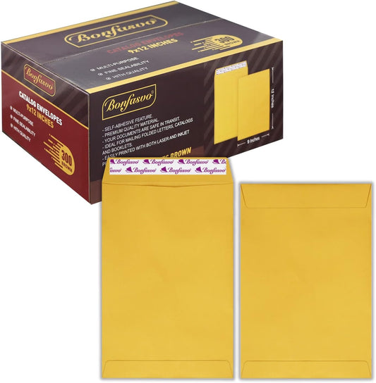 300 Pack 9x12 Brown Catalog Envelopes Peel & Seal Security Mailing Envelopes 120GSM Kraft Paper self Seal Envelopes for Invitations Papers Photos Documents Pictures Papers Files