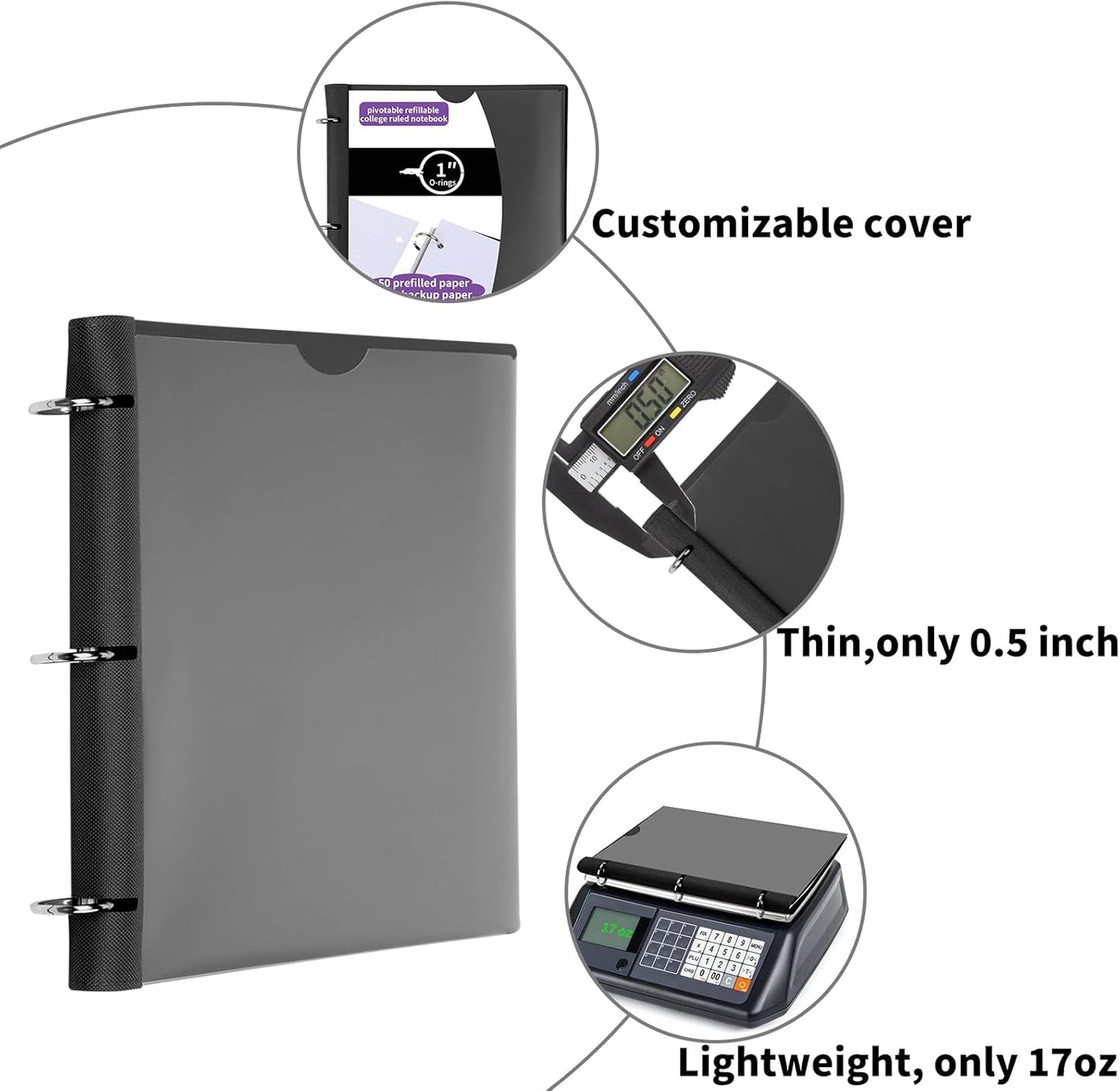 2 Pcs Pivotable Refillable Notebook, Upgraded 1 Inch 3 Ring Notebook Binder, 100 College Ruled Paper, 5 Subject Notebook with Dividers and Folder Pockets, Tabs- Black