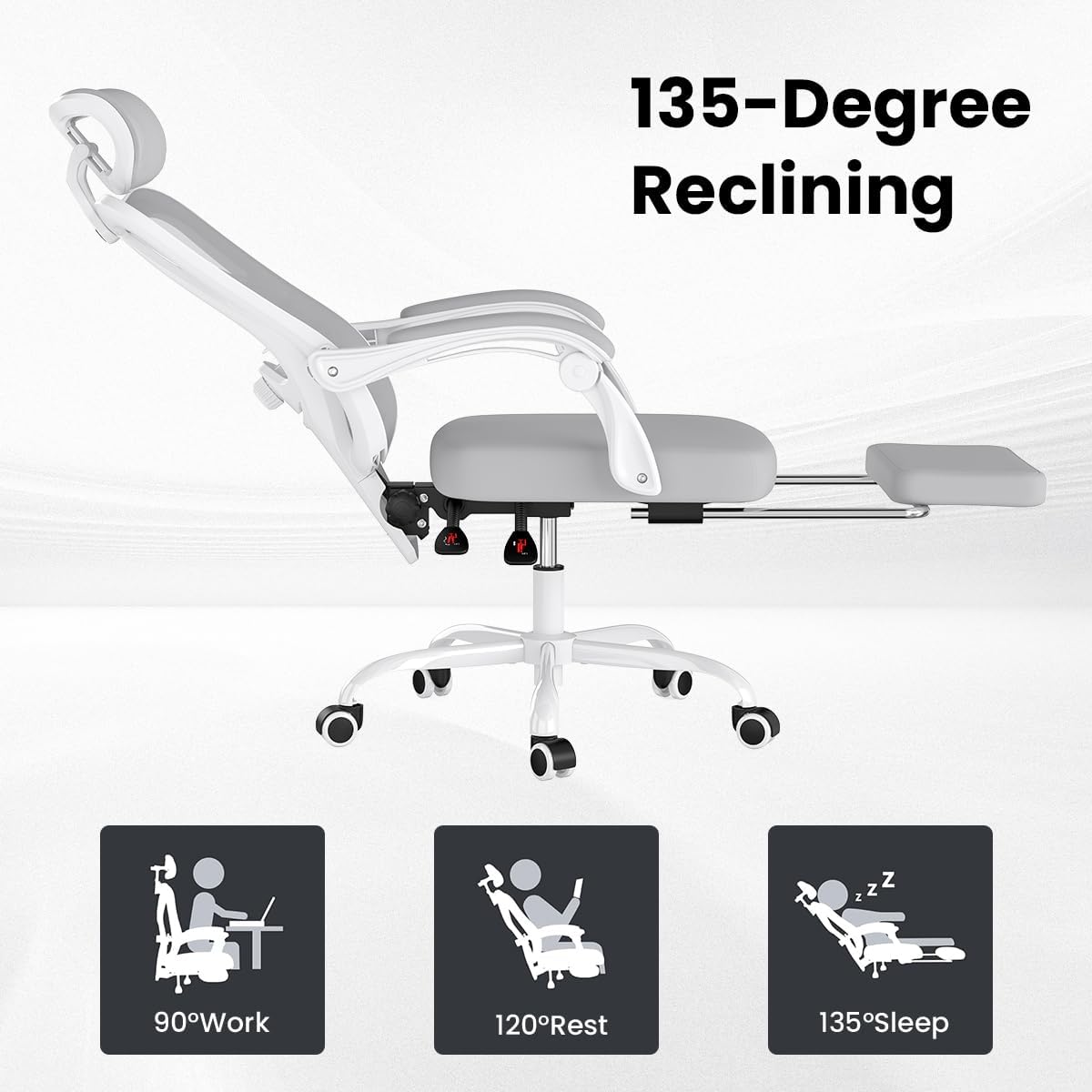 Farini Ergonomic Office Chair with Footrest, Mesh Office Desk Chair with Headrest, High Back Computer Chair with Adjustable Lumbar Support for Home Office Study Room Bedroom, White & Grey