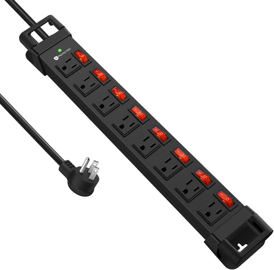 Heavy Duty Power Strip with Individual Switches,8 Outlets 14 Gauge Industrial Shop Garage Metal Multiple Outlets,1200J Surge Protector Mountable Power Strip,15FT Extension Cord Management (Black)