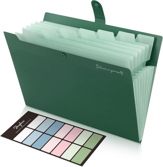 SKYDUE Expanding File Organizer with 8 Pockets, Accordion File Folders with Labels, Portable Document Paper Bill Receipt Organizer, Home College School Office Supplies, Letter Size,ForestGreen