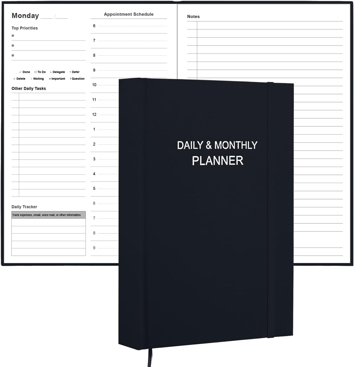Daily & Monthly Planner for 2025 2026 or Anytime - ADHD Planner Two Pages Per Day, Daily Planner Undated to Increase Focus, Eliminate Overwhelm, Achieve Your Biggest Goals, 5.8'' × 8.3'', Black