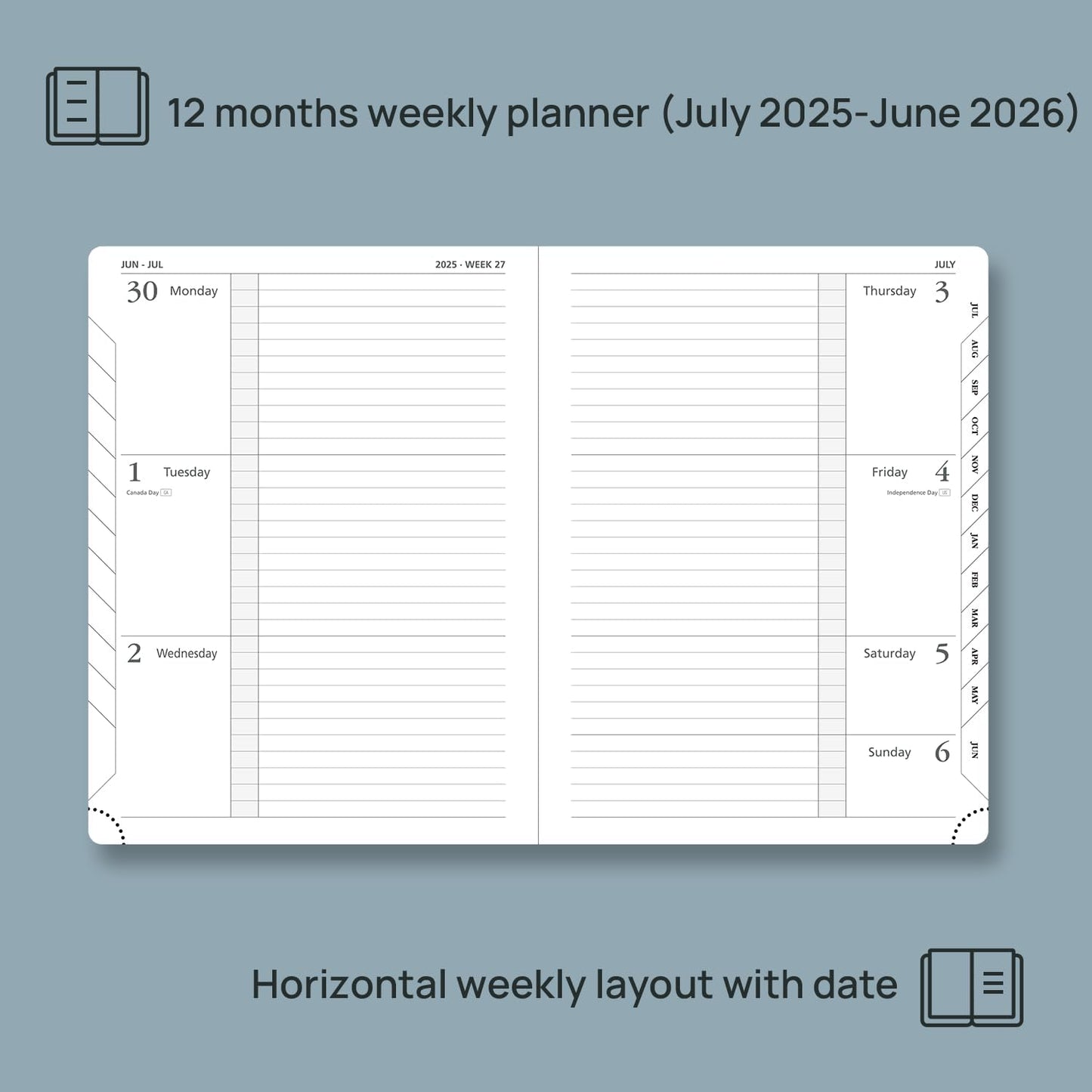 POPRUN Planner 2025-2026 (Medium 6.75''x 8.75''), Horizontal Weekly Notebook Jul.2025 - Jun.2026, Academic Appointment Book with Monthly Tabs, Leather Hardcover, Inner Pocket, 100 GSM - Lavender