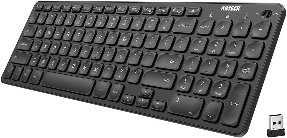Arteck 2.4G Wireless Keyboard Ultra Slim Full Size Keyboard with Numeric Keypad and Media Hotkey for Computer/Desktop/PC/Laptop/Surface/Smart TV and Windows 10/8/ 7 Built-in Rechargeable Battery