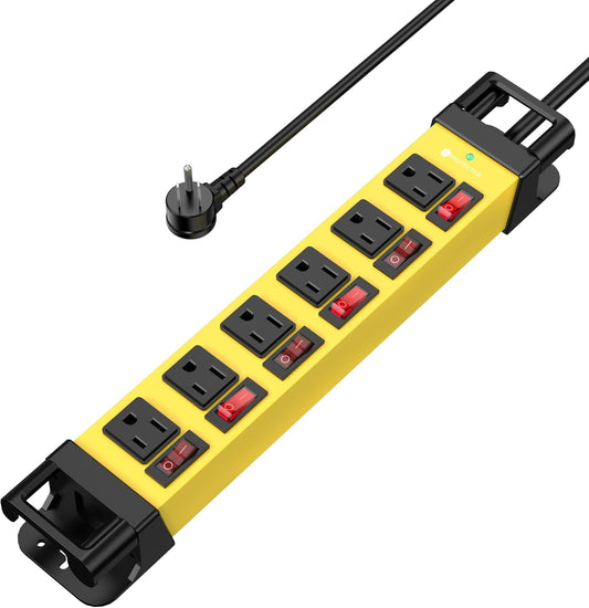 Heavy Duty Power Strip - 6 Outlet Power Strip with 6 Individual Switches Cord Manager Surge Protector 1200J Home Office Garage Industrial Workshop