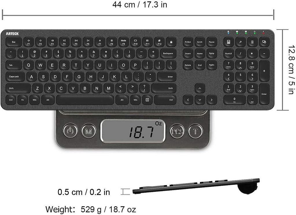 Arteck 2.4G Wireless Keyboard Stainless Steel Ultra Slim Full Size Keyboard with Numeric Keypad for Computer/Desktop/PC/Laptop/Surface/Smart TV and Windows 10/8/ 7 Built in Rechargeable Battery