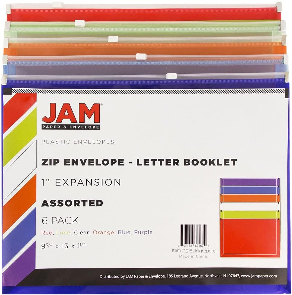 JAM PAPER Plastic Envelopes with Zip Closure - Letter Booklet - 9 3/4 x 13 - Assorted Colors - 6/Pack