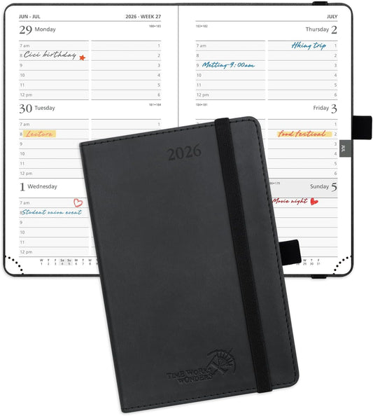 POPRUN Pocket Calendar 2026 (Small Size- 4'' x 6.25") Weekly and Monthly for Purse - Planner 2026 (Jan. 2026 - Dec. 2026) with Vegan Leather Soft Cover, Pen Holder and More - Black