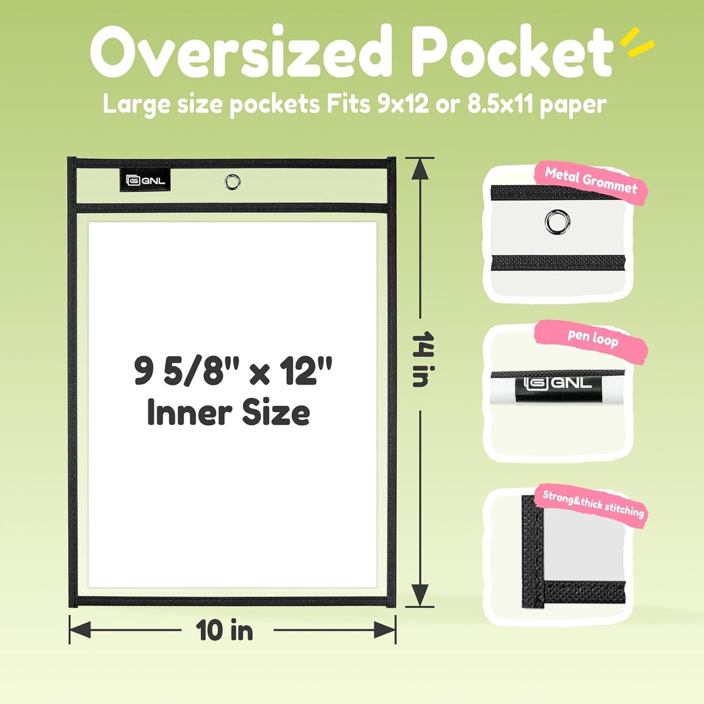 GNL Dry Erase Pocket Sleeves 30 Packs, Reusable Clear Plastic Ticket Holders with Rings, Durable & Easy-to-Erase Sheet Protectors, Black 10x14 Inch for Classroom & School Teacher Supplies