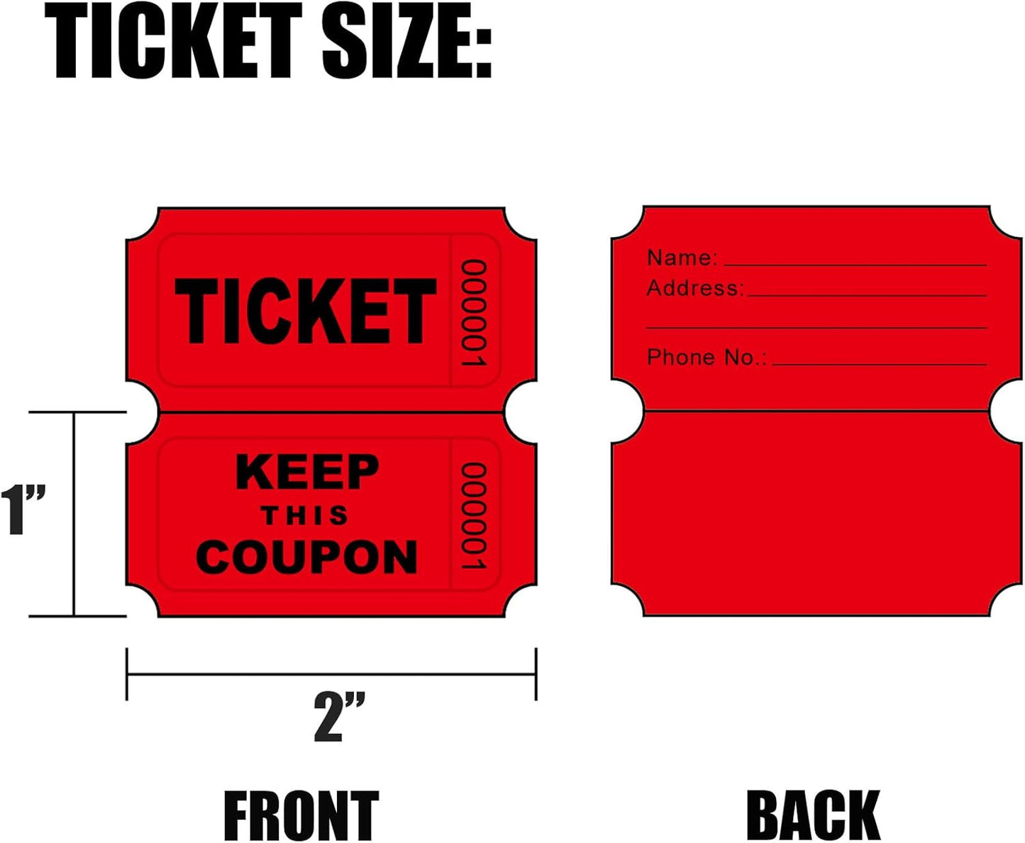 DNB 1000 Raffle Tickets - Double Roll 1000 Pairs per Roll 2 x 2 Inch 50/50 Consecutively Numbered Tickets for Entry/Events/Fundraiser/Prizes - Red