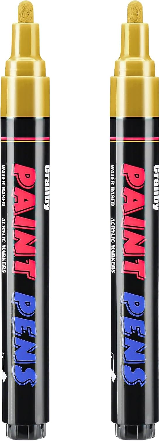Gold Paint Pens Paint Markers - 2 Pack Permanent Quick Dry Waterproof Marker Pens for Rocks Wood Fabric Plastic Canvas Glass Mugs Metal Tire Stone