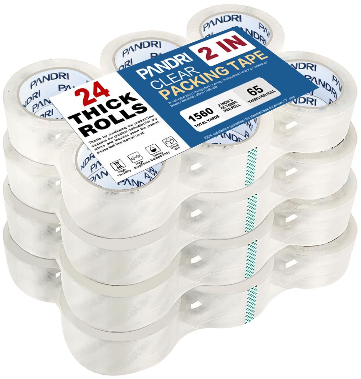 PANDRI Packing Tape, 24 Rolls Heavy Duty Clear Packaging Tape for Shipping Packaging Moving Sealing, 2 inches Wide, 65 Yards Per Roll, Total 1560 Yards