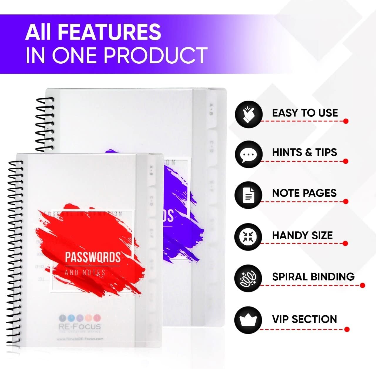 RE-FOCUS, Password Book Keeper, Small, Mini, Purple, Alphabetical Tabs, Spiral Bound, Removable Sheets, Journal Organizer, Includes Website, Address, Username, Password
