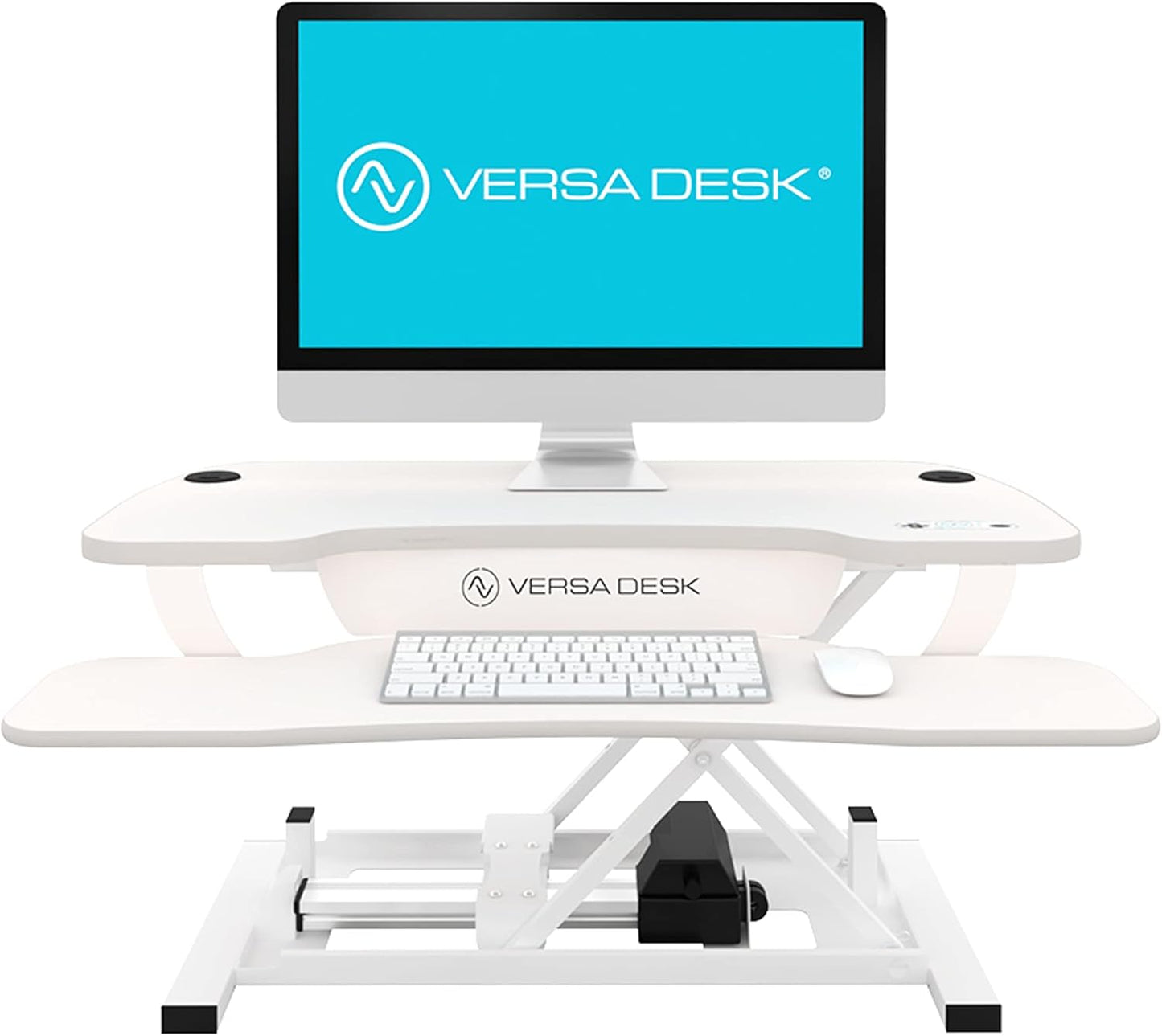 VERSADESK® PowerPro™ Elite 40” x 24" – App Controlled Electric Standing Desk Converter w/USB Charging Port. Raises up to 20”. Fully Assembled – Includes LED Lights. Supports 80 lbs. – White