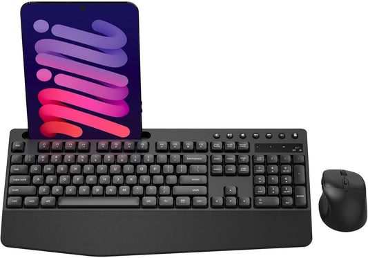 Wireless Keyboard and Mouse Combo, Full-Sized Ergonomic Keyboard with Wrist Rest, Phone Holder, Sleep Mode, Silent 2.4GHz Cordless Keyboard Mouse Combo for Computer, Laptop, PC, Mac, Windows