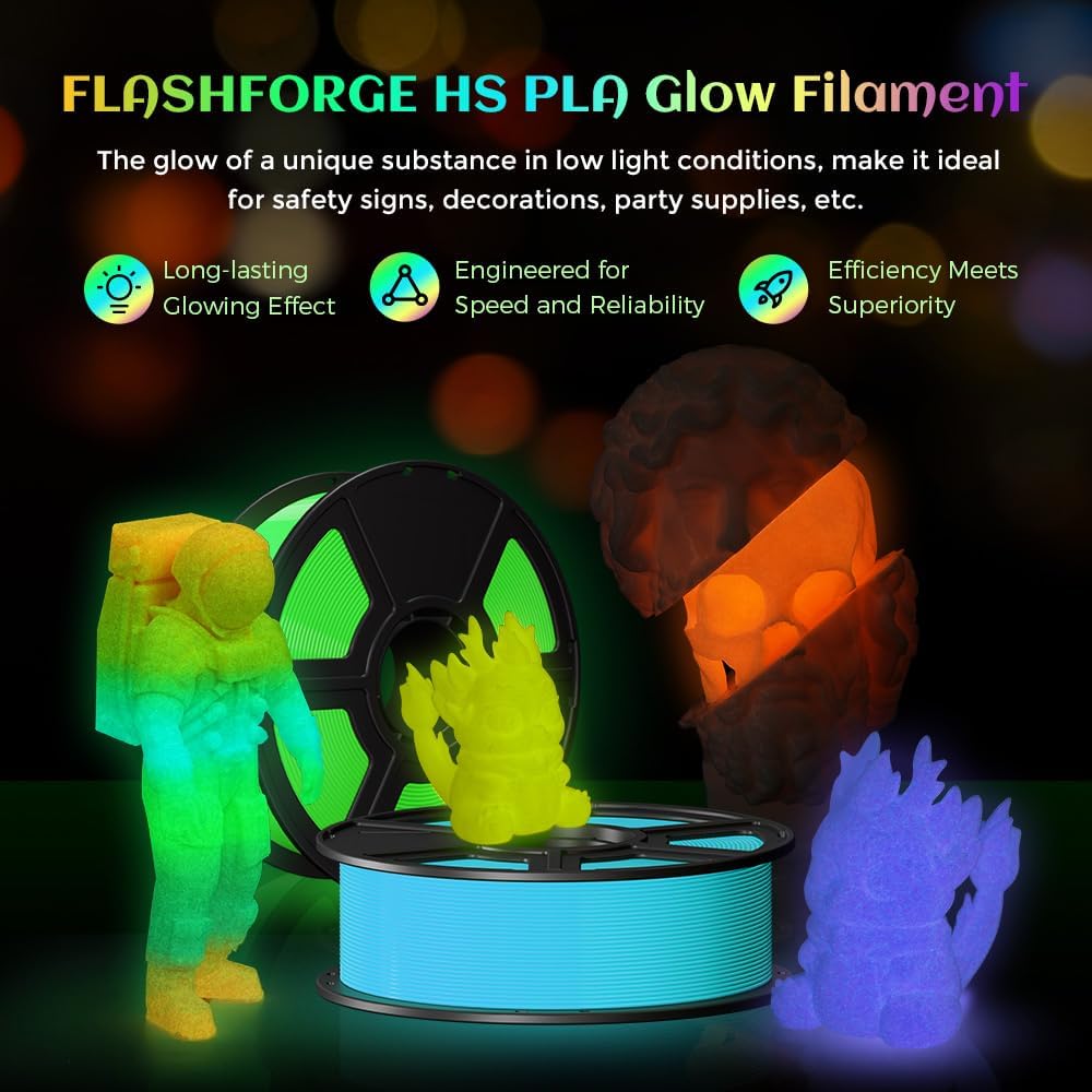 FLASHFORGE Glow in The Dark Rapid PLA Filament 1.75mm, High Flow Speedy 3D Printer Filament Luminous Green, Max 500mm/s High-Speed Printing, High Brightness and Long-Lasting Glowing Effect