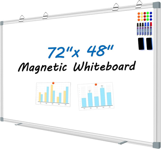 H-Qprobd 6'x4' Large Magnetic White Board Dry Erase Whiteboard with Aluminum Frame, 72"X48" Hanging White Boards for Wall with Long Pen Tray, Presentation Board for Office Classroom Home