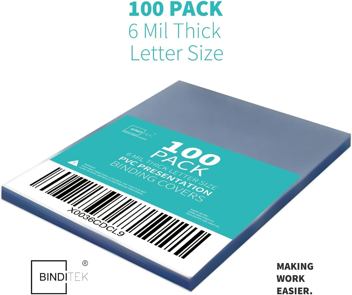 Binditek 100 Pack 6 Mil PVC Binding Report Covers, 8.5 x 11 Inches, Letter Size, Square Corners, Un-Punched, Office Supplies