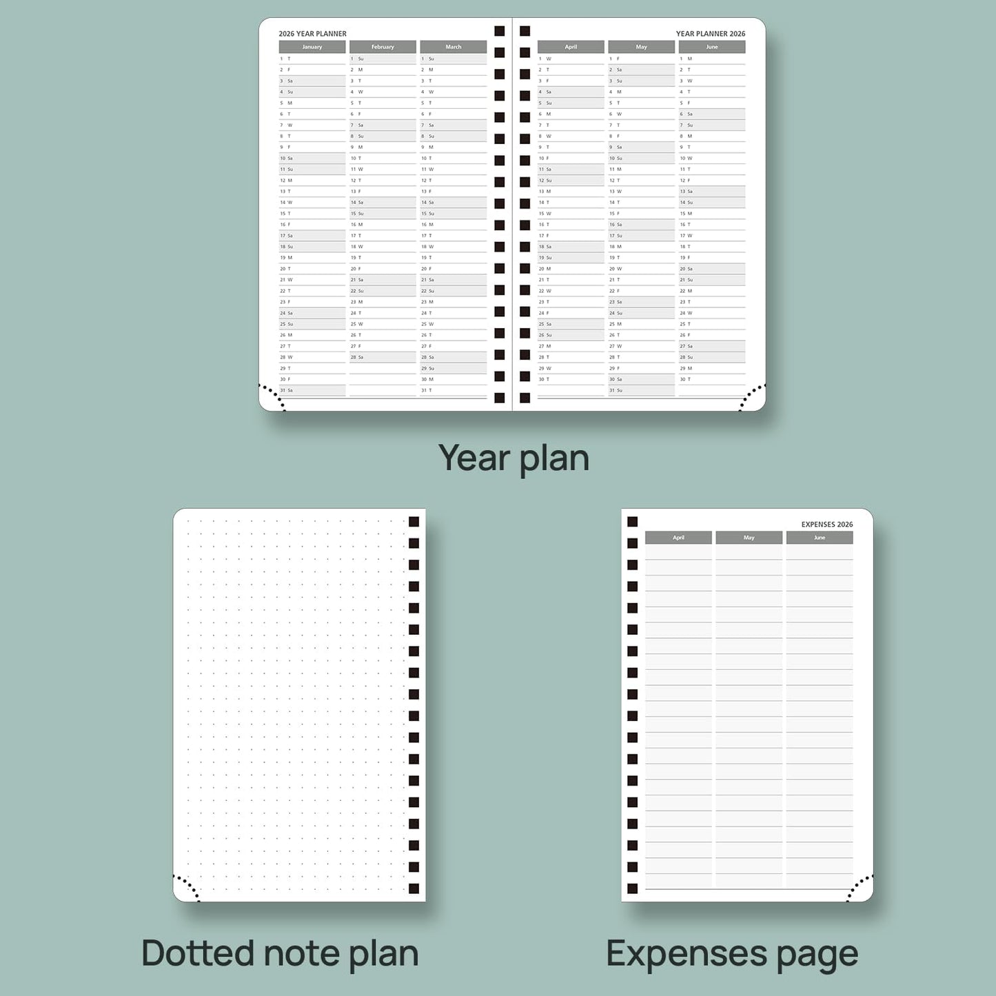 POPRUN Pocket Planner 2025-2026 (Purse Size 4'' x 6.25'') Academic Purse Calendar (July 2025 - June 2026) with Hourly Time Slots, 100GSM Thick Papers, Spiral Leather Cover - Blue Green
