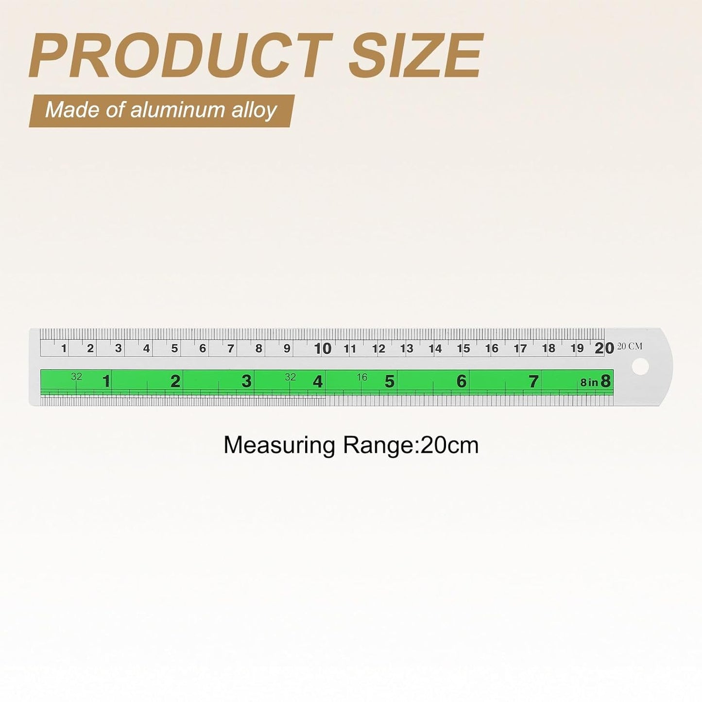 HARFINGTON 4pcs Metal Straight Ruler 20cm Metric SAE Aluminum Alloy Measuring Rulers Scale Tool with Hole for Measure Study Reading Classroom Office, Green