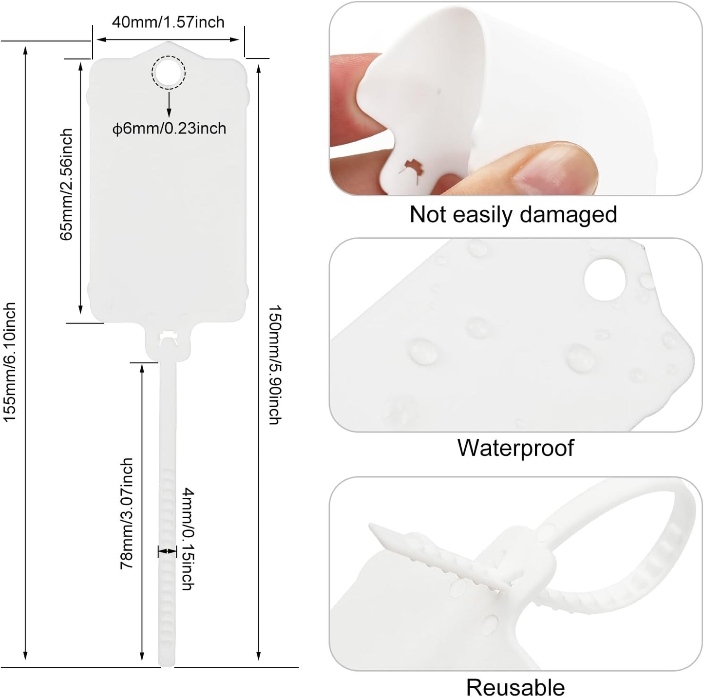 100pcs Blank Plastic Tags for Labeling Reusable Hanging Tags Ties Key Tag Storage Labels Waterproof Plastic Mark Label Writable Hang Sign with One Marker Pen (White)