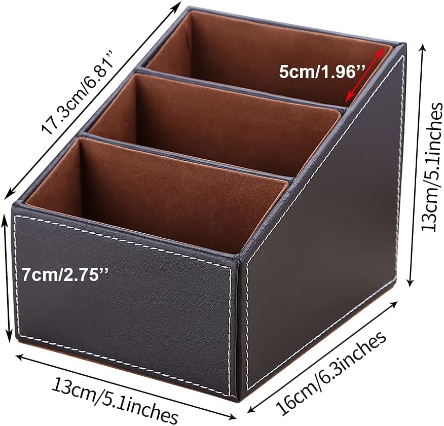 KINGFOM Remote Control Holder with 3 Compartments, Pu Leather Remote Caddy Desktop Organizer for TV, CD, Blu-Ray, Media Player, Heater Controllers and Cosmetics Office Supplies(Brown)
