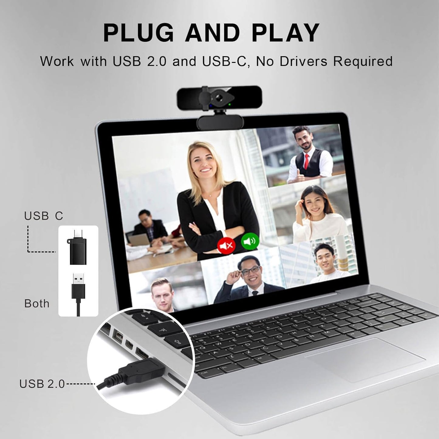 2K Ultra HD Webcam, Computer Camera for PC Monitor Laptop Desktop - External Web Cameras with Microphone, USB C Adapter, Privacy Cover for Video Conferencing, Streaming & Online Learning