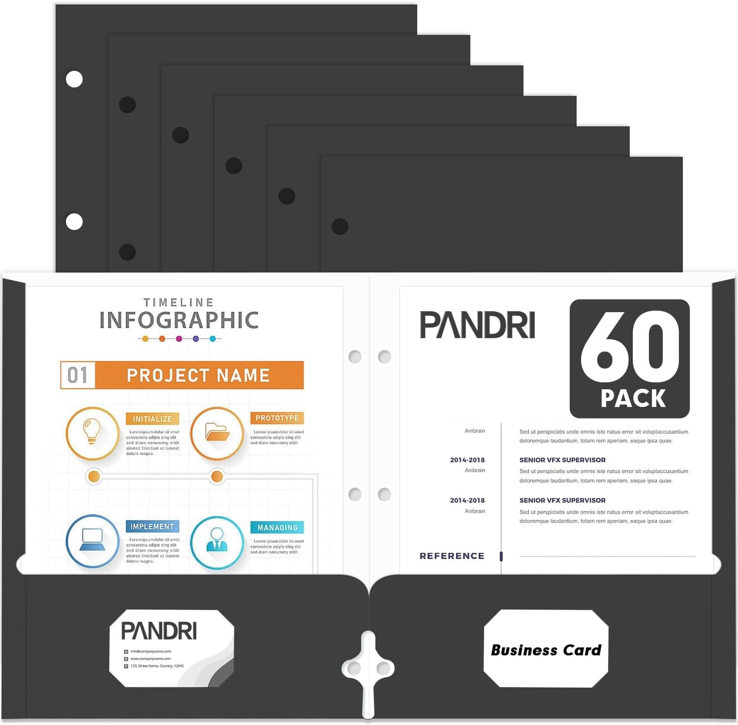 Two Pocket Portfolio Folders, PANDRI 60 Pack 3 Hole Punched 2 Pocket Folders for 3 Ring Binder, Letter Size Paper File Folder for School Office Home Business, Black