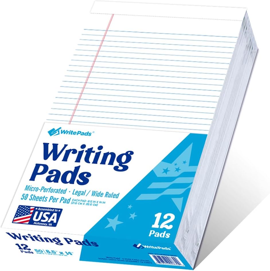 KAISA Legal Pads 8.5x14 inch Large Writing Pads Wide Ruled Notepads Casual Note Pads, White 50 Sheets 12 Pads, WT-LWT50W