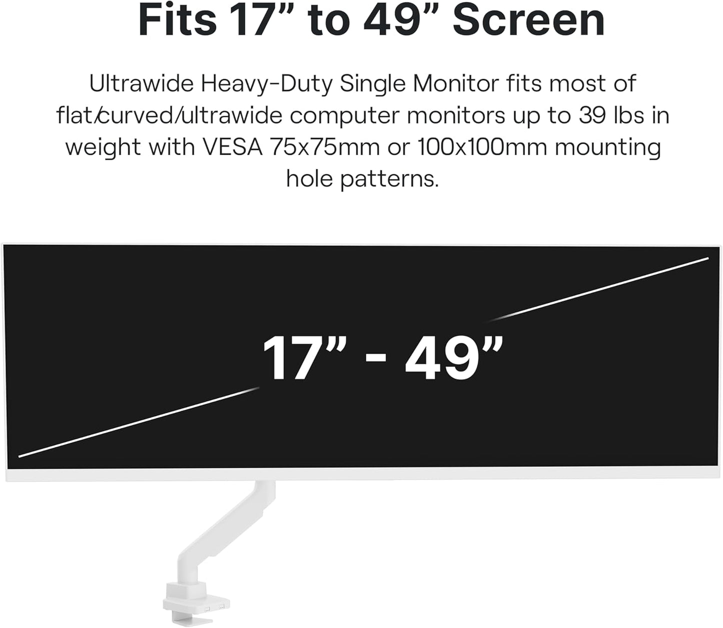 Pixio PS2S White Ultrawide Heavy-Duty Premium Single Monitor Arm Stand Desk Mount - Fits up to 49 inches Monitors, Weights up to 39lbs Flat / 31lbs Curved, Compatible with VESA 75x75 100x100mm