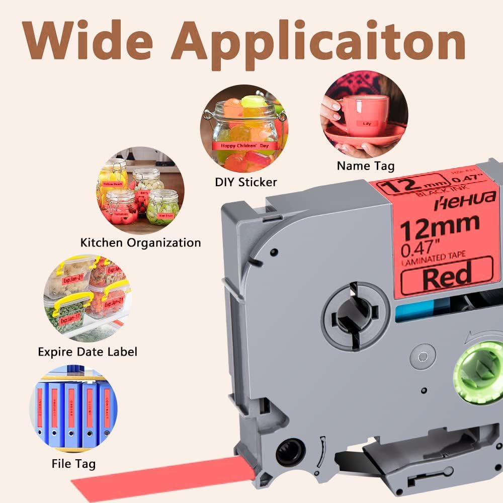 Hehua Tape Tze Tz 12mm 0.47 Laminated Red Compatible for Brother P-Touch TZe-431 TZe431 TZ-431 TZ431 Tape for Ptouch PT D210 D200 D220 D610 H110, 1/2'' x 26.2ft Black on Red, 3 Pack