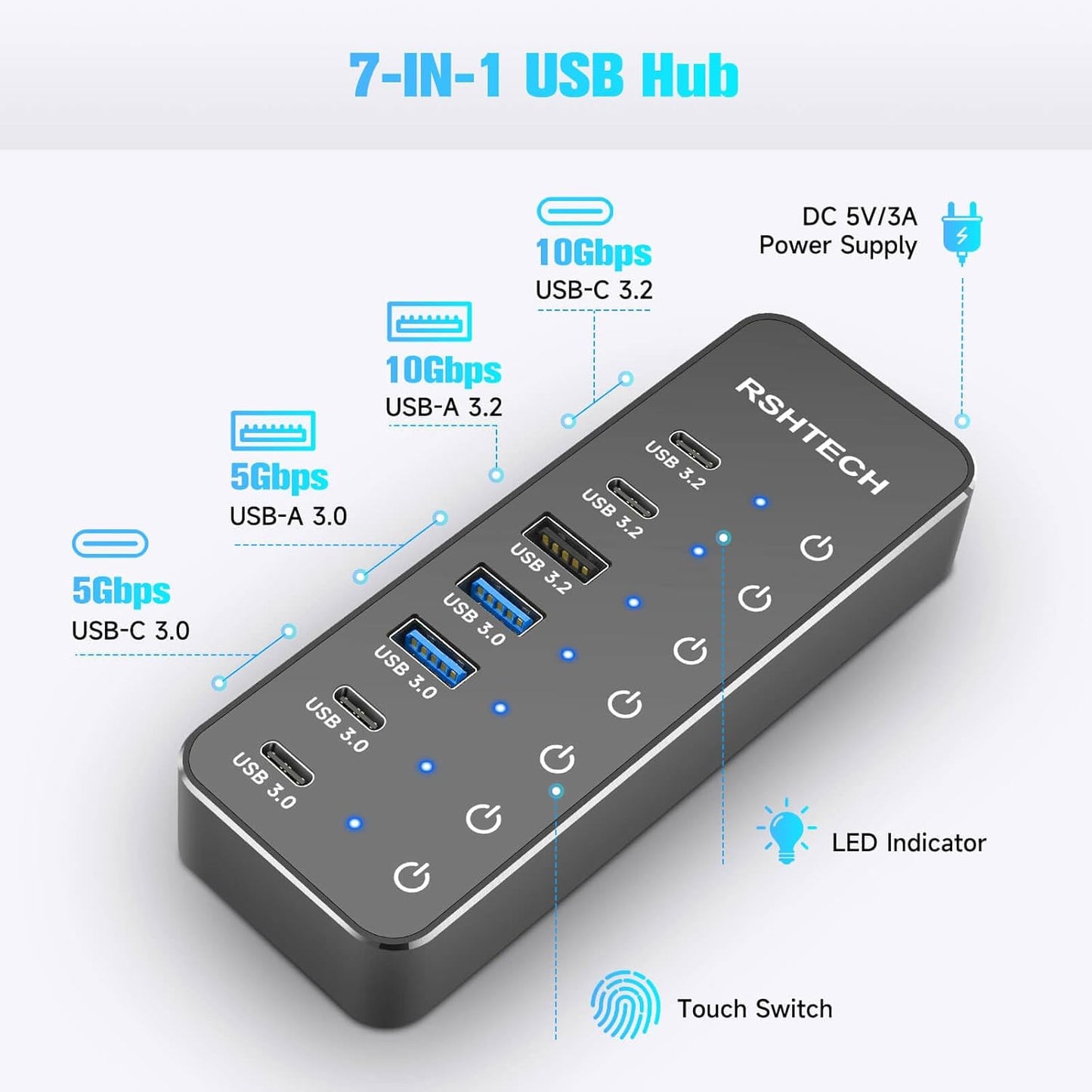 RSHTECH 7-Port Powered USB 3.2/USB-C Hub Splitter with 3 x 10Gbps USB-3.2 Ports (2C + 1A),4 USB-3.0 Ports (2C + 2A), 3.3ft Cable, Touch Switches, and 5V Power Adapter for Laptop PC