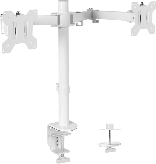 VIVO White Dual 13 to 27 inch LCD LED Monitor Desk Mount Stand with C-clamp and Bolt-Through Grommet, Heavy Duty Fully Adjustable Arms for 2 Screens STAND-V002W