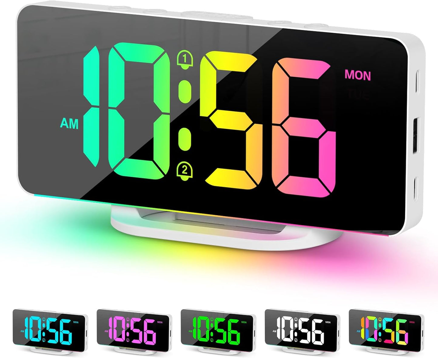 Hournor Digital Alarm Clock, LED Digital Clock for Bedrooms with 10 Color Changing Night Light, Adjustable Brightness, USB Charging Port, Bedside and Desk Clocks for Living Room Office (White)