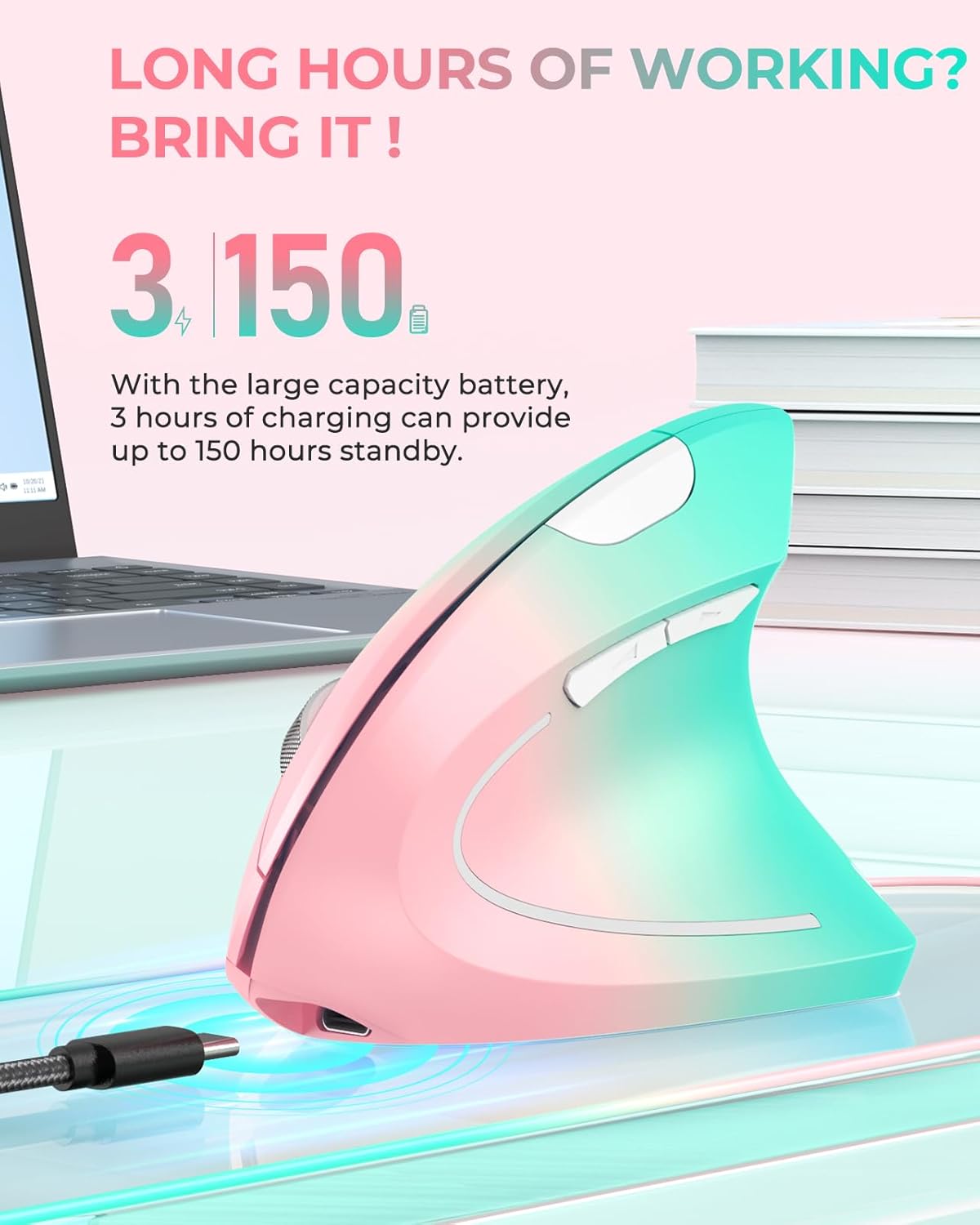 Lekvey Ergonomic Mouse, Vertical Wireless Mouse, Rechargeable 2.4G Optical Carpal Tunnel Mice with USB Receiver: 1000/1200 / 1600 DPI, 6 Buttons, for Laptop, Computer, PC, Desktop, Pink Green