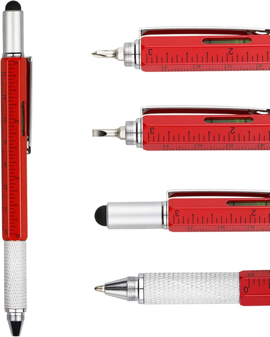 DUNBONG Metal Multi tool Pen 6-in-1 Stylus Pen - With Screwdriver, Ballpoint Pen Black ink, Stylus pen, Level and Ruler, 1-Count (Red)