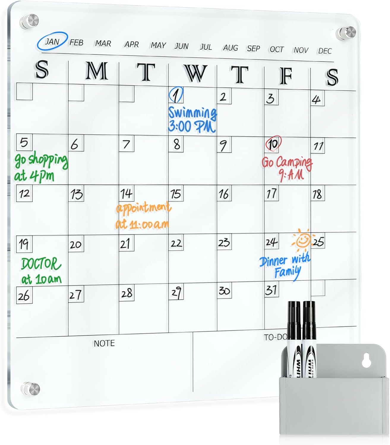 MAKELLO Acrylic Calendar for Wall, Clear Fridge Calendar for Family,2 Pens, Pen Holder, Fixing Screw and Magnets for Refrigerator,12x12 in