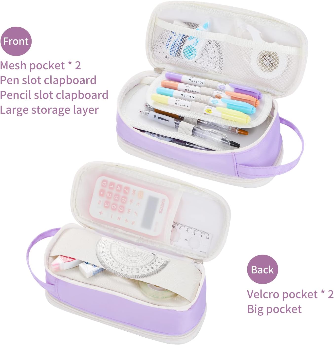 Dugio Big Pencil Case for Girls Teens Kids Zipper Pencil Pouch with Handle Organizer Pencil Bag Aesthetic Pencil Pen Case for School Purple