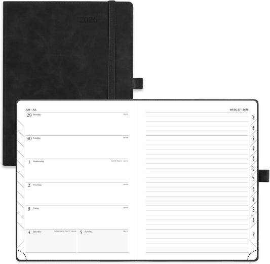 POPRUN Weekly Planner 2026 (Medium 6.5" x 8.5") Calendar 12 Months Notebook with Horizontal Layout, Leather Soft Cover, Monthly Tabs, Inner Pocket, 100GSM Thick Paper, Pen Holder - Black