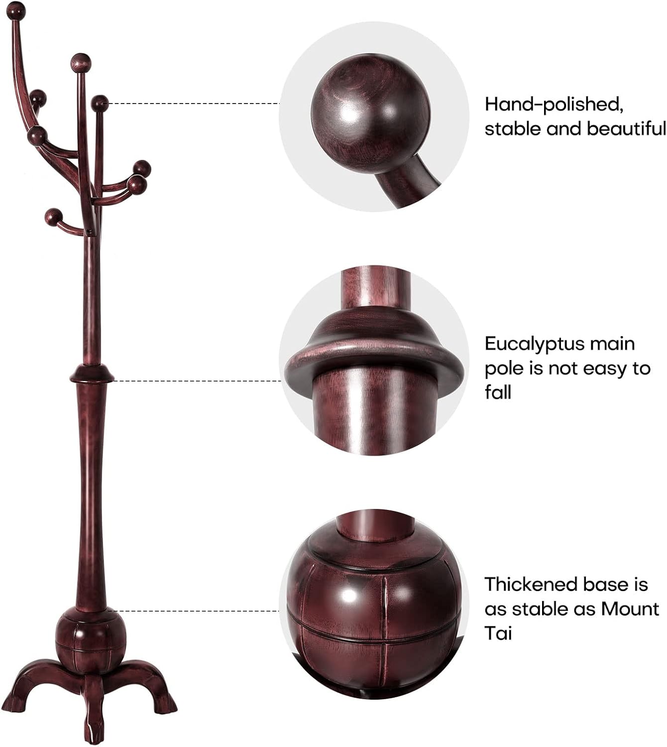 Coat Rack Freestanding Wood Tree Rack with 8 Hooks, Creative Design Tree Branch-look, Coat Tree Clothes Hanger Stand with Stable Sphere Base for Entryway, Hallway, Bedroom (Wine Red)