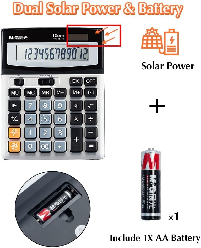 M&G Desk Calculator 12 Digit Extra Large LCD Display Calculator, Dual Solar Power and Battery, Battery Included, Metal Panel Comfort Button Calculator for Office Home School