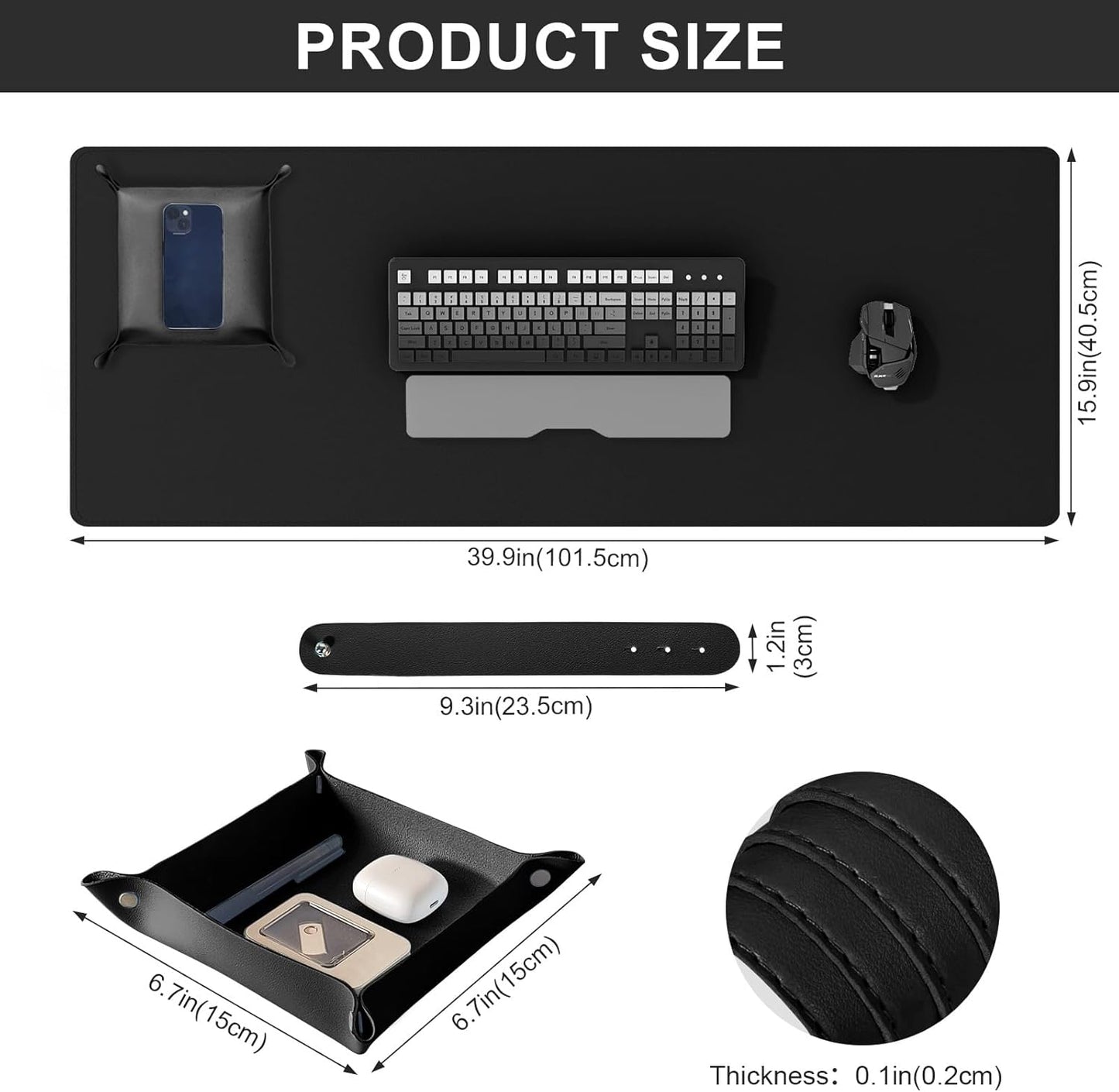 DAWNTREES Dual Sided Desk Mat,Leather Desk Pad,Black 40"x16",Cork Desk Mat Protector,with PU Leather Valet Tray Organizer,Large Mouse Pad,Desk Writing Pad for Office and Home