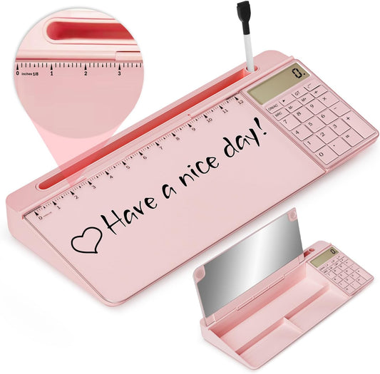 Desktop Glass Whiteboard with Mirror & Calculator(12 Digit LCD Display) & Ruler Marker,Tilted Computer Keyboard Stand with Dry Erase Board Surface, Desk Organizers with Accessories,Pink