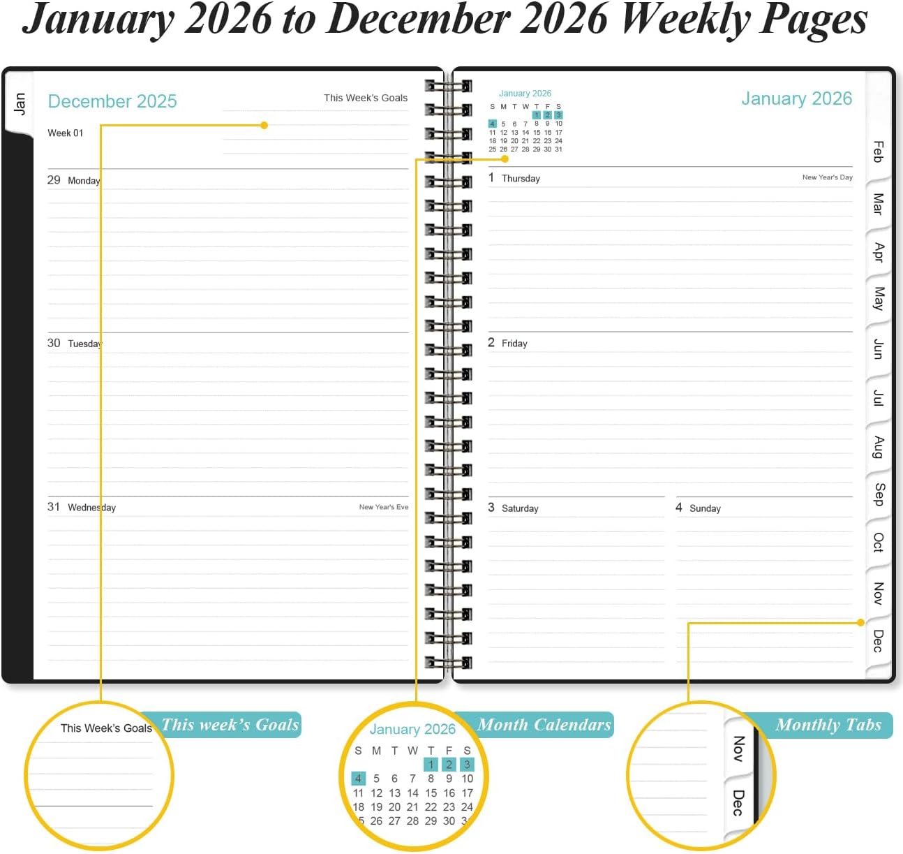 2026 Planner - Planner 2026 from January 2026 - December 2026, Weekly & Monthly Planner Spiral Bound with 12 Monthly Tabs, Inner Pocket, 6.4" x 8.5", Black-B
