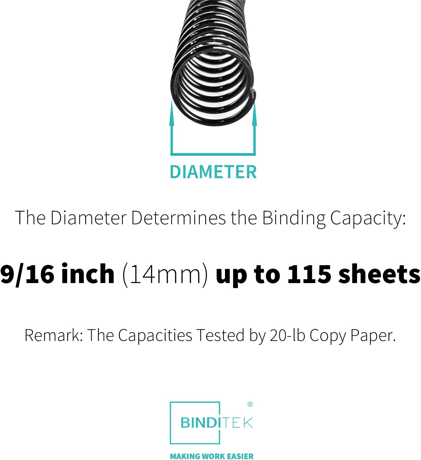 Binditek 100 Pack Plastic Spiral Binding Coils, 14mm(9/16"), 115 Sheet Capacity, 4:1 Pitch, Black, 48 Loops, for Students and Coworkers