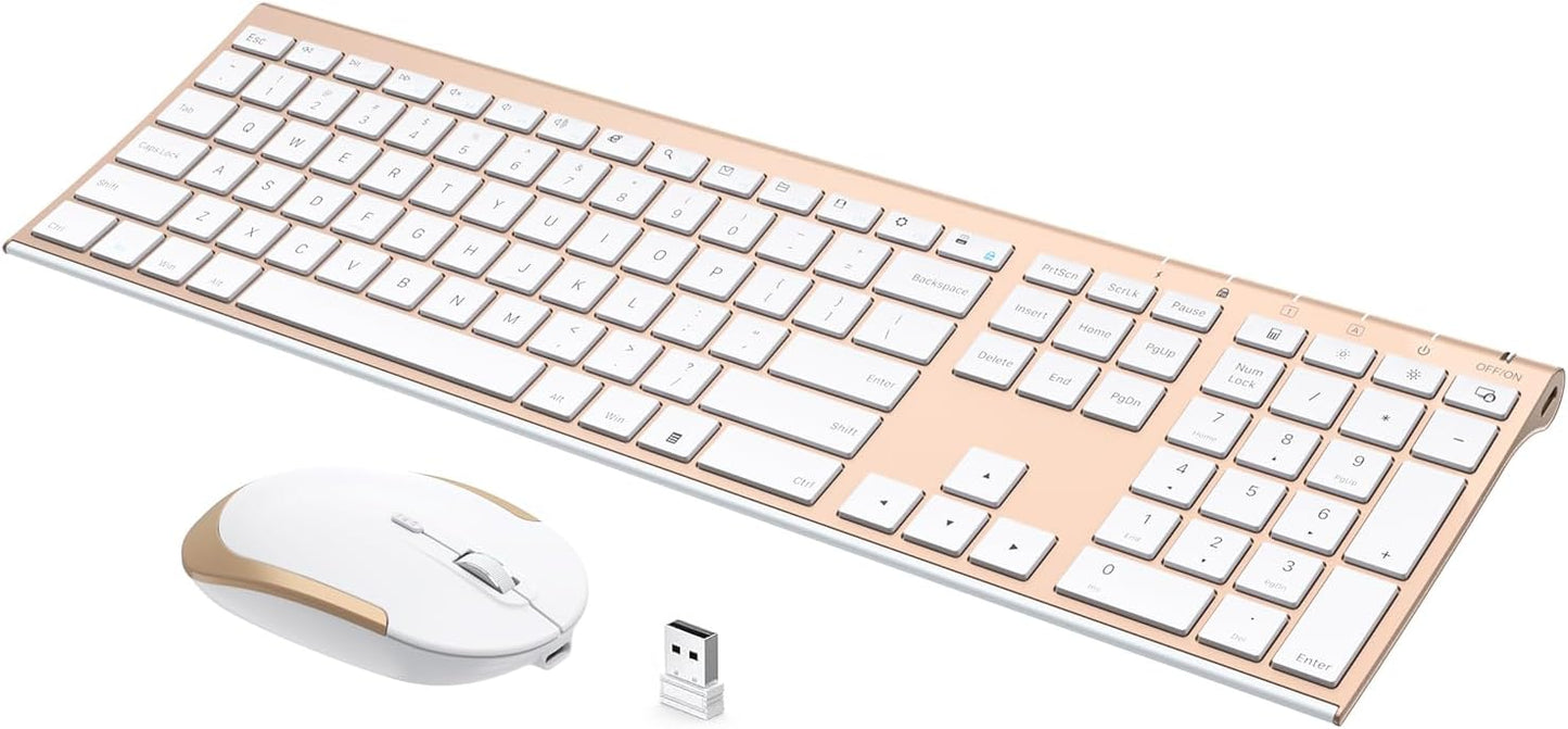 Wireless Keyboard and Mouse, Vssoplor Rechargeable Quiet Full-Size Keyboard and Mouse Combo Set Ultra Slim Design for Laptop, PC, Notebook, Desktop-White and Gold