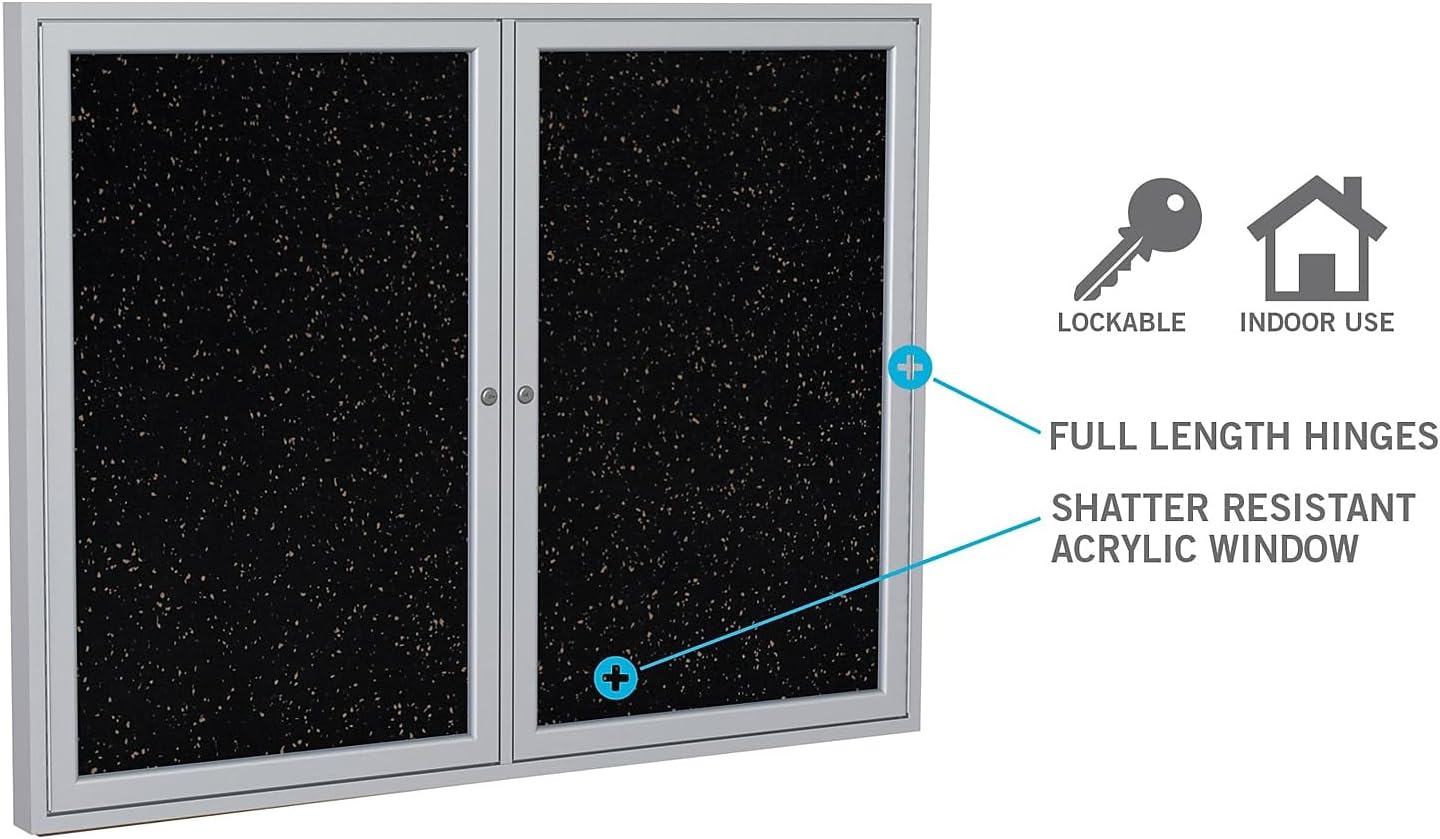 Ghent 36"x30" 1-Door indoor Enclosed Recycled Rubber Bulletin Board, Shatter Resistant, with Lock, Satin Aluminum Frame,Confetti (PA13630TR-CF) ,Made in the USA