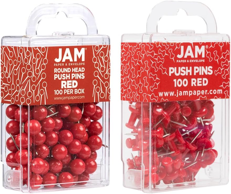 JAM PAPER Colorful Push Pins - Flat & Round Head Thumb Tack Combo Set - Red Pushpins - 200/Pack