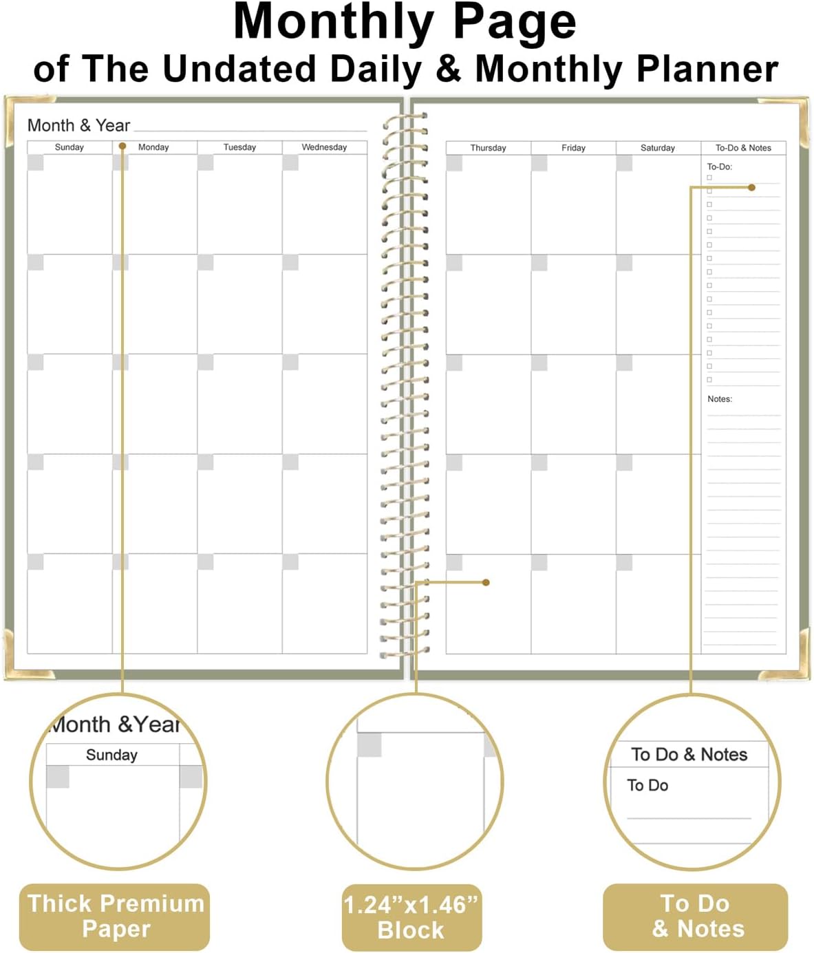 Undated Daily Monthly Planner for 2025 2026 - A5 To Do List with Hourly Schedule, Hardcover Spiral Bound Daily Planner to Increase Focus, Stylish School/Office Supplies, 5.8" x 8.5", Green